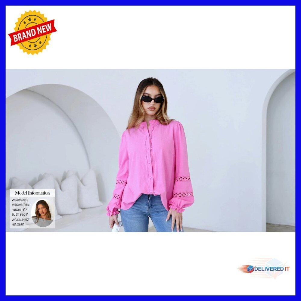 Long Sleeve Cotton Eyelet Blouse Boho Button Up Shirt Women's - Picture 8 of 8